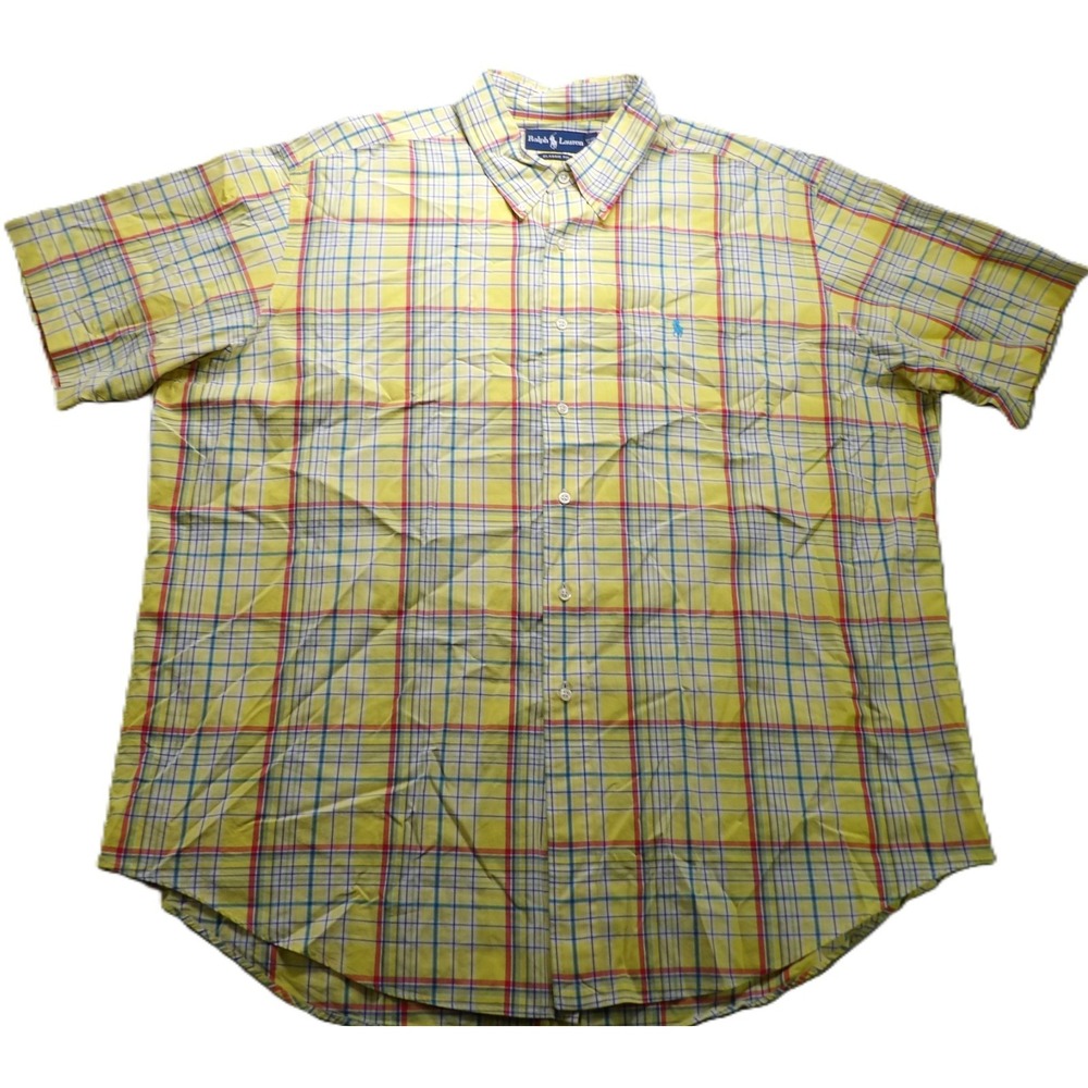 VTG Y2K Ralph Lauren Classic Fit Plaid Button Down Shirt Yellow Men XXL OCBD Top